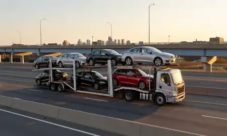 Car transporter with the Union City, New Jersey, United States skyline behind it
