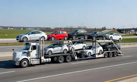 Multi-level car carrier on the highway to Vineland, New Jersey, United States