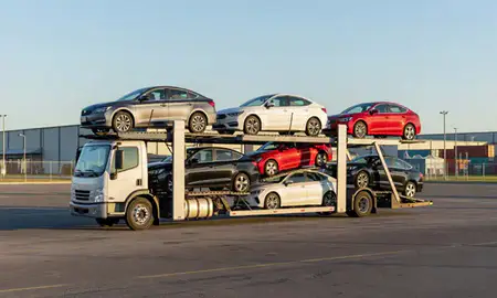 Car transporter loaded with vehicles in Vineland, New Jersey, United States