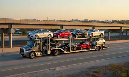 Car transporter with the Vineland, New Jersey, United States skyline behind it