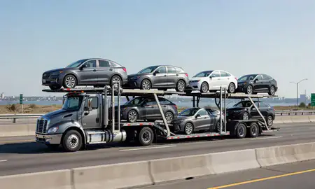 Multi-level car carrier on the highway to West New York, New Jersey, United States