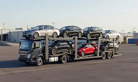 Car transporter loaded with vehicles in West New York, New Jersey, United States