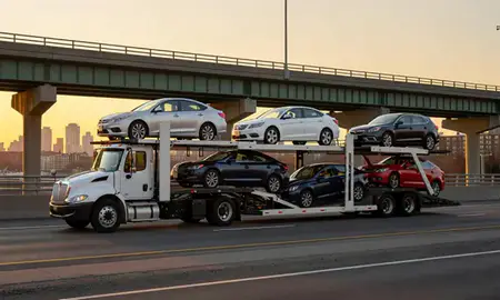 Car transporter with the West New York, New Jersey, United States skyline behind it