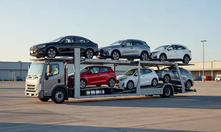 Car transporter loaded with vehicles in Westfield, New Jersey, United States