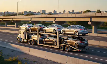 Car transporter with the Westfield, New Jersey, United States skyline behind it
