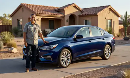 Customer with their delivered car in New Mexico, United States