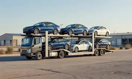 Car transporter loaded with vehicles in New Mexico, United States