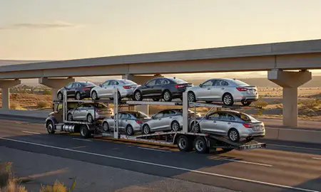 Car transporter with the New Mexico, United States skyline behind it
