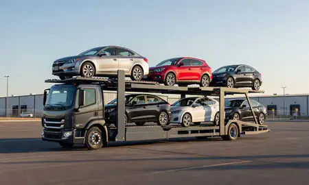 Car transporter loaded with vehicles in Alamogordo, New Mexico, United States