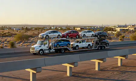 Car transporter with the Alamogordo, New Mexico, United States skyline behind it