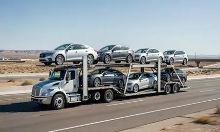 Multi-level car carrier on the highway to Albuquerque, New Mexico, United States