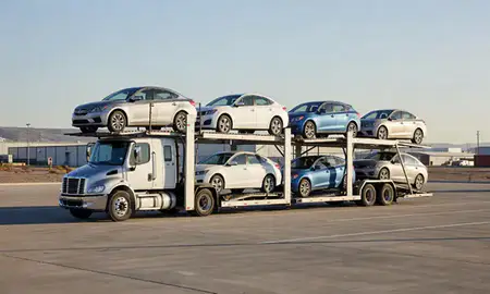 Car transporter loaded with vehicles in Albuquerque, New Mexico, United States