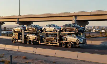 Car transporter with the Albuquerque, New Mexico, United States skyline behind it