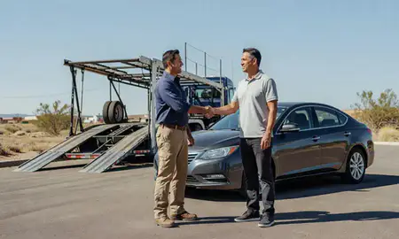 Vehicle owner beside their delivered car in Anthony, New Mexico, United States