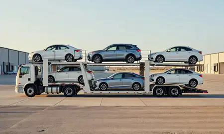 Car transporter parked in an industrial area of Anthony, New Mexico, United States