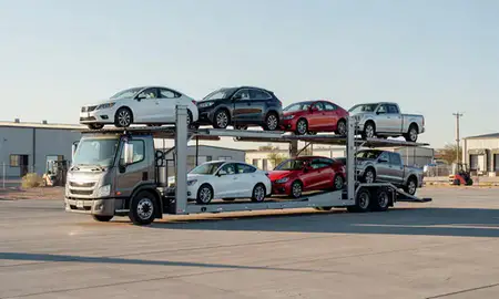 Car transporter loaded with vehicles in Anthony, New Mexico, United States