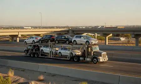 Car transporter with the Anthony, New Mexico, United States skyline behind it