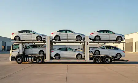 Car transporter parked in an industrial area of Artesia, New Mexico, United States