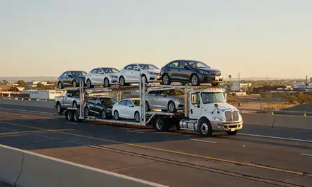 Car transporter with the Artesia, New Mexico, United States skyline behind it