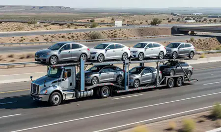 Multi-level car carrier on the highway to Bernalillo, New Mexico, United States