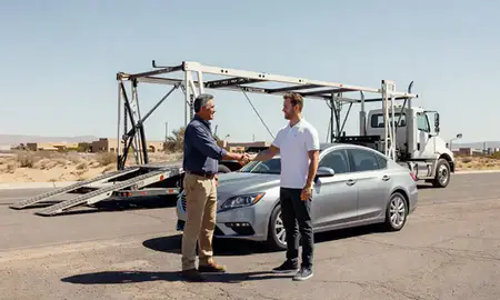 Vehicle owner beside their delivered car in Bernalillo, New Mexico, United States