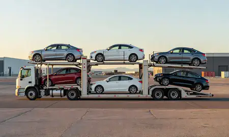 Car transporter parked in an industrial area of Bernalillo, New Mexico, United States