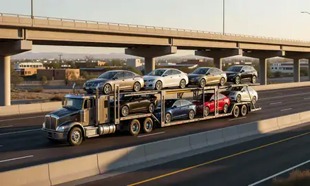 Car transporter with the Bernalillo, New Mexico, United States skyline behind it