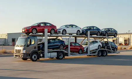 Car transporter loaded with vehicles in Carlsbad, New Mexico, United States
