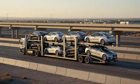 Car transporter with the Carlsbad, New Mexico, United States skyline behind it