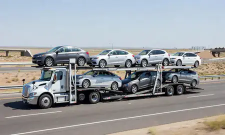 Multi-level car carrier on the highway to Chaparral, New Mexico, United States