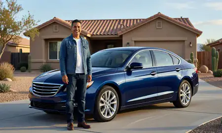 Customer with their delivered car in Chaparral, New Mexico, United States