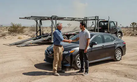 Vehicle owner beside their delivered car in Chaparral, New Mexico, United States