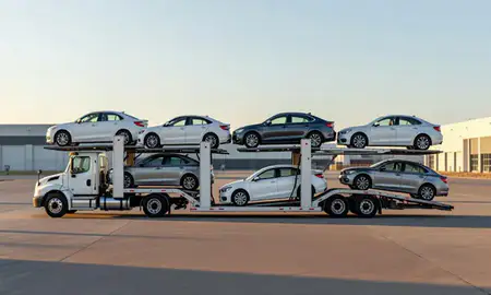 Car transporter parked in an industrial area of Chaparral, New Mexico, United States
