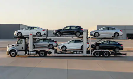 Car transporter parked in an industrial area of Clovis, New Mexico, United States