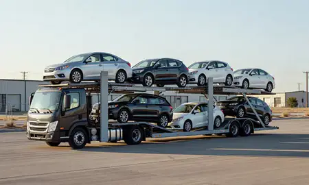 Car transporter loaded with vehicles in Clovis, New Mexico, United States