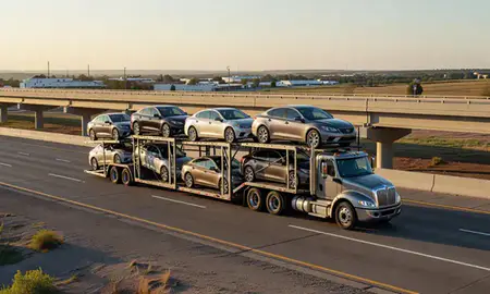Car transporter with the Clovis, New Mexico, United States skyline behind it
