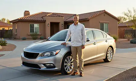 Customer with their delivered car in Corrales, New Mexico, United States