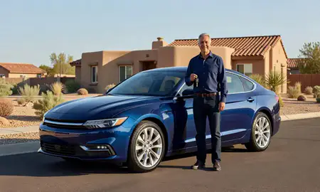 Car delivered to a driveway in Corrales, New Mexico, United States