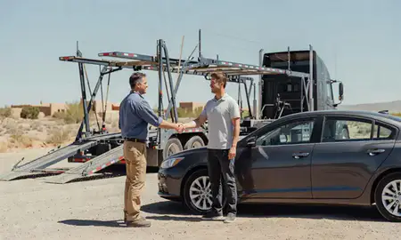 Vehicle owner beside their delivered car in Corrales, New Mexico, United States