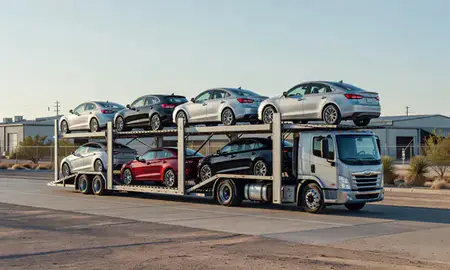 Car transporter loaded with vehicles in Corrales, New Mexico, United States