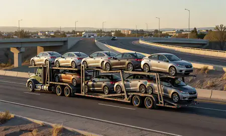 Car transporter with the Corrales, New Mexico, United States skyline behind it