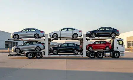 Car transporter parked in an industrial area of Deming, New Mexico, United States