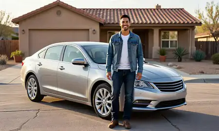 Customer with their delivered car in Española, New Mexico, United States