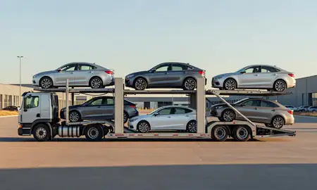 Car transporter parked in an industrial area of Española, New Mexico, United States