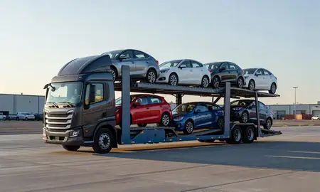 Car transporter loaded with vehicles in Española, New Mexico, United States