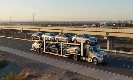 Car transporter with the Española, New Mexico, United States skyline behind it