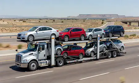 Multi-level car carrier on the highway to Farmington, New Mexico, United States
