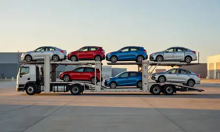 Car transporter parked in an industrial area of Farmington, New Mexico, United States