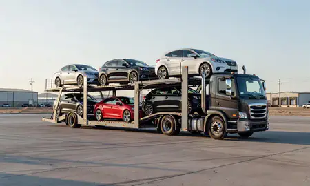 Car transporter loaded with vehicles in Farmington, New Mexico, United States