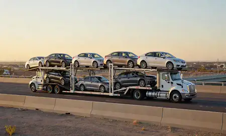 Car transporter with the Farmington, New Mexico, United States skyline behind it
